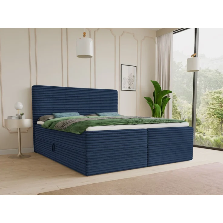 Boxspringbett Mollo mit 2 Bettkästen, Doppelbett mit Bonell-Matratze und Topper, Polsterbett in weichem Cordstoff, Bett, Bettgestell für Schlafzimmer (Blau (Tilia 77), 180 x 200 cm) – Bild 1