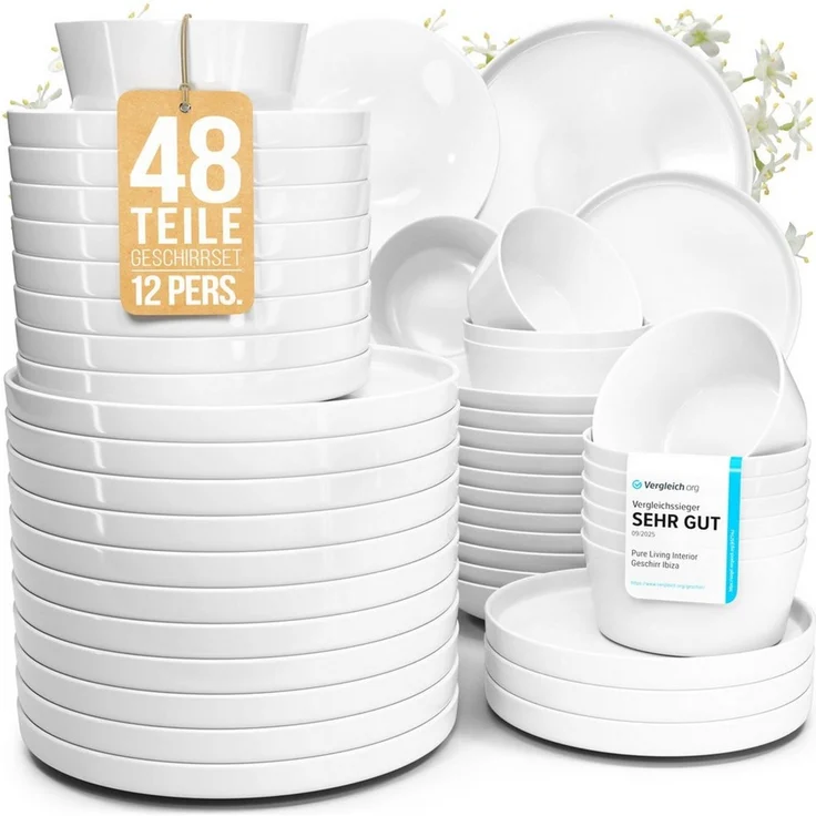 PURE LIVING INTERIOR DESIGN Geschirr-Set Crystal aus Porzellan, 48-tlg, für 12 Personen, Weiß (48-tlg), 12 Personen, Porzellan – Bild 1