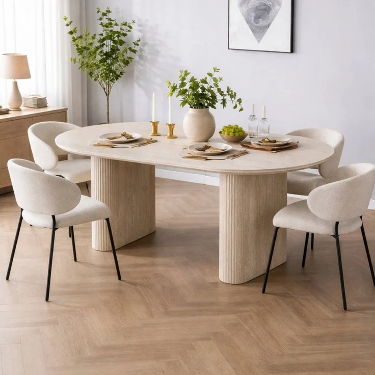 HOOZ Wohnzimmertisch Esstisch oval modern Keramikplatte Traventin-Optik Säule Mond 180x90cm (Set, 1× Esstisch), Keramik-Tischplatte, verschiedene Varianten, pflegeleicht & stabil – Bild 2