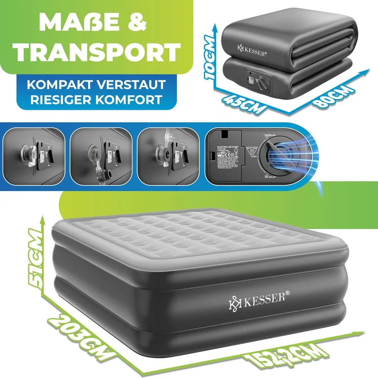 KESSER® Aufblasbare Matratze Luftbett mit eingebauter elektrischer Pumpe integrierte erhöhte aufblasbare Matratze für Übernachtungsgäste mit Aufbewahrungstasche Doppel, Grau / Anthrazit – Bild 7