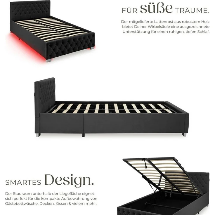 tectake Polsterbett Komfortbett mit LED-Leisten & Stauraum - Samtoptik mit Steppmuster (Bettset, in Samtoptik Schwarz), stabiler Stahlrahmen, Belastbarkeit 200 kg – Bild 2