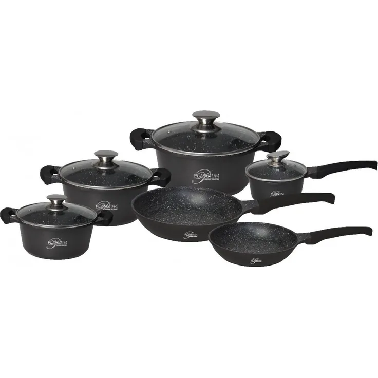 Kochtopf Topf Pfannen Set Kochgeschirr 10-tlg Alu-Guss Platinum schwarz DB1010