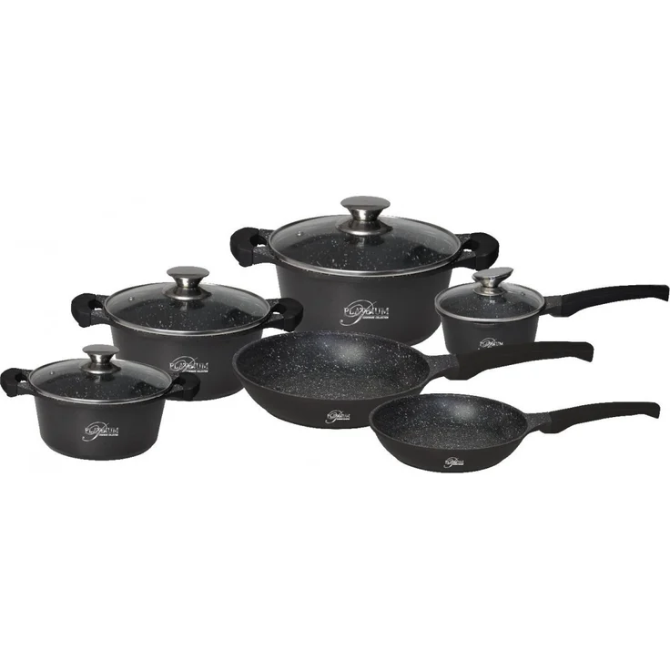 Kochtopf Topf Pfannen Set Kochgeschirr 10-tlg Alu-Guss Platinum schwarz DB1010