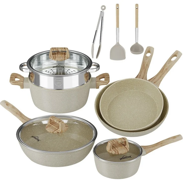 HOMELUX Topf-Set Kochgeschirr-Set, 12tlg Induktions Töpfe Set, Antihaftbeschichtung, Aluminium, Edelstahl (Pfanne 24/28cm, Tiefe Bratpfanne 28cm, Topf mit Dampfgarer 24cm, Milchtopf 16cm), Induktion – Bild 5