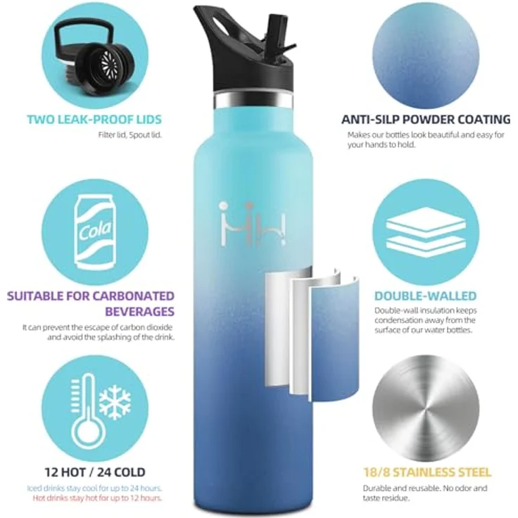 HoneyHolly Trinkflasche 1L, BPA-Frei, Trinkflasche Edelstahl, Thermosflasche, Auslaufsichere Isolierflasche Doppelwandig, Wasserflasche, Thermoskanne, mit Strohhalm, Thermoskanne Kohlensäure Geeignet – Bild 3