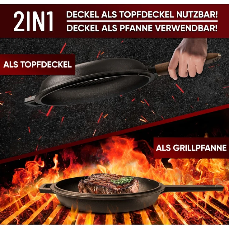 2in1 Casserole 3,6 l aus Gusseisen – Topf & Pfanne in einem, mit Ledergriff & Ringreiniger, eingebrannt, für Induktion, Grill & Backofen – Bild 2