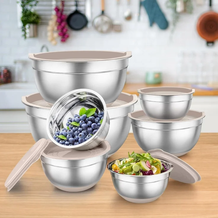 TEAMFAR Rührschüssel Set Edelstahl Salatschüssel Luftdichten Deckel Silikonboden – Bild 7