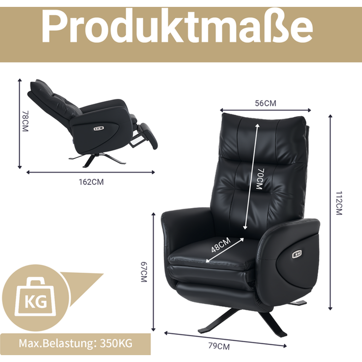 HOME NATURE WOHNKONZEPT Elektrischer Relaxsessel mit USB-Anschluss, elektrisch verstellbarer TV-Sessel mit Liegefunktion, Kunstleder Schwarz, bis 350 kg, FT9207-A – Bild 2