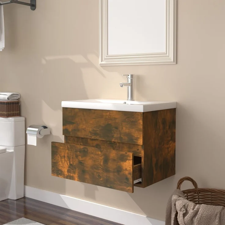 Waschbeckenschrank, Badschrank mit Einbaubecken Räuchereiche Holzwerkstoff de7441 – Bild 4