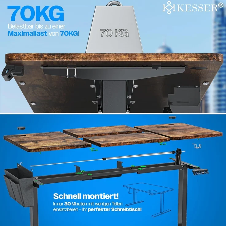 KESSER® Höhenverstellbarer Schreibtisch elektrisch | Ergonomisch Steh-Sitz Schreibtisch | 3-Funktions-Memory Steuerung | Inkl. 360° Rollen & USB-Ladeanschluss | Computertisch für Homeoffice Braun, 160 x 70 cm – Bild 6