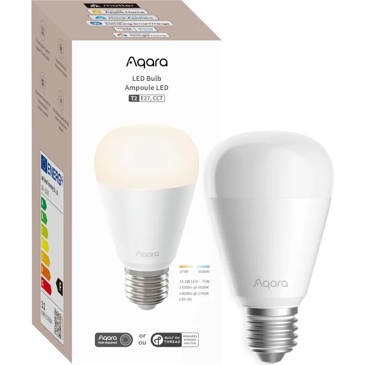 Aqara LED-Glühbirne T2 (E27, CCT), Matter Over Thread/Zigbee, Einstellbar Weiß (2700 K-6500 K), 75 W Äquival, Matter, für Apple Home, Alexa, Google Home