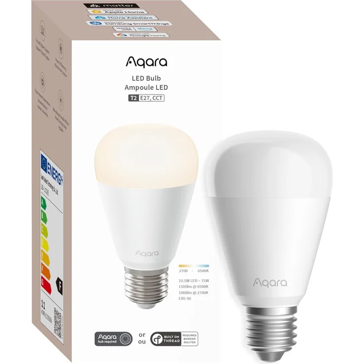 Aqara LED-Glühbirne T2 (E27, CCT), Matter Over Thread/Zigbee, Einstellbar Weiß (2700 K-6500 K), 75 W Äquival, Matter, für Apple Home, Alexa, Google Home