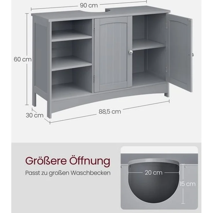 Vasagle Waschbeckenunterschrank höhenverstellbare Ablagen, 90 x 30 x 60 cm, Taubengrau – Bild 5