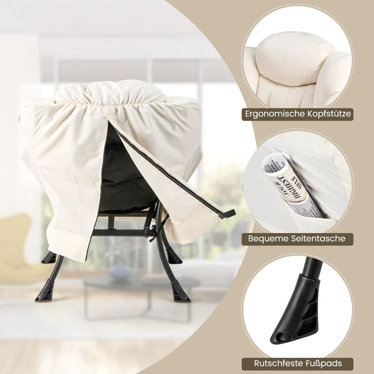 Sessel mit Hocker & Armlehnen & Seitentasche & Fußstütze Relaxsessel Ohrensessel Beige – Bild 5