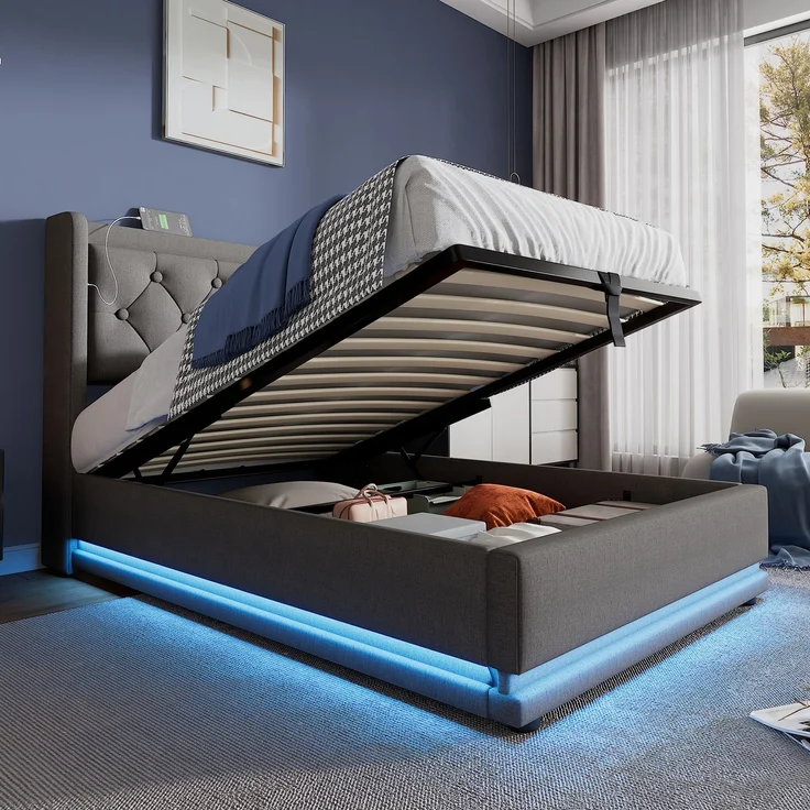 Polsterbett 90x200 cm Grau mit 3-seitiger LED-Beleuchtung, Wingback Kopfteil & USB Typ-C Ladefunktion,hydraulischer Stauraum,inklusive Matratze – Bild 4