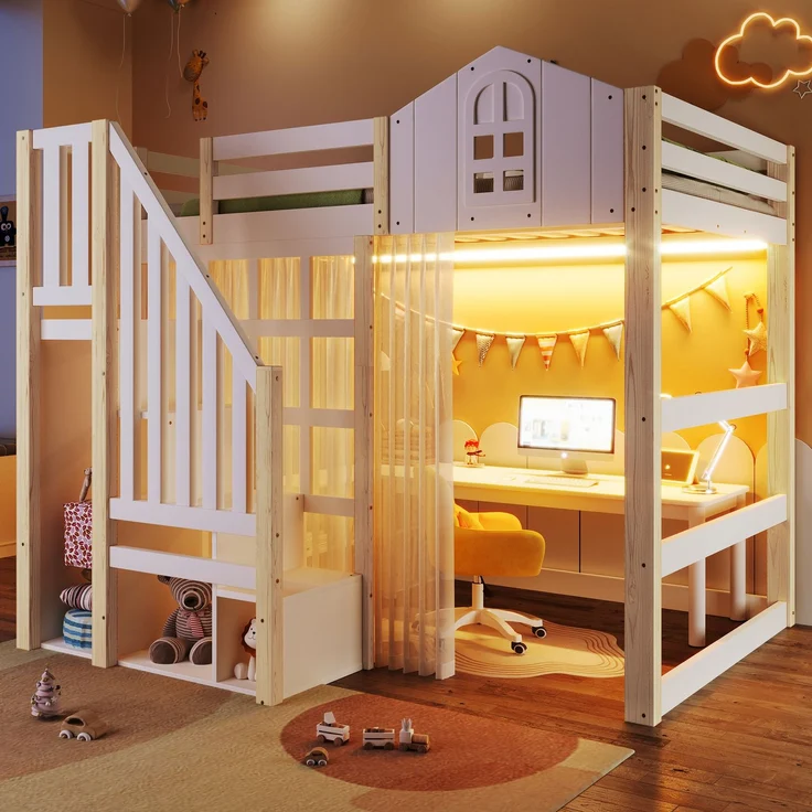 Merax 140x200cm Hochbett, Kinderbett, Mit LED-Leuchten, Ablageleiter, offenem Staufach, mit Weiße Gazevorhänge, ohne Matratze, Weiß+Natur – Bild 1