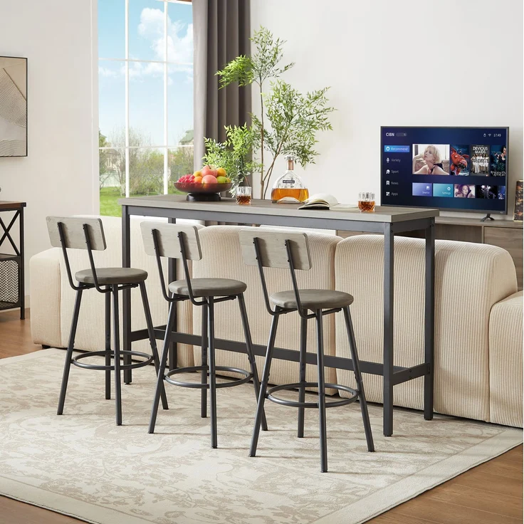 Bartisch-Set mit 3 PU-Barhockern, 160x40x94,5 cm, Grau/Schwarz – Bild 3