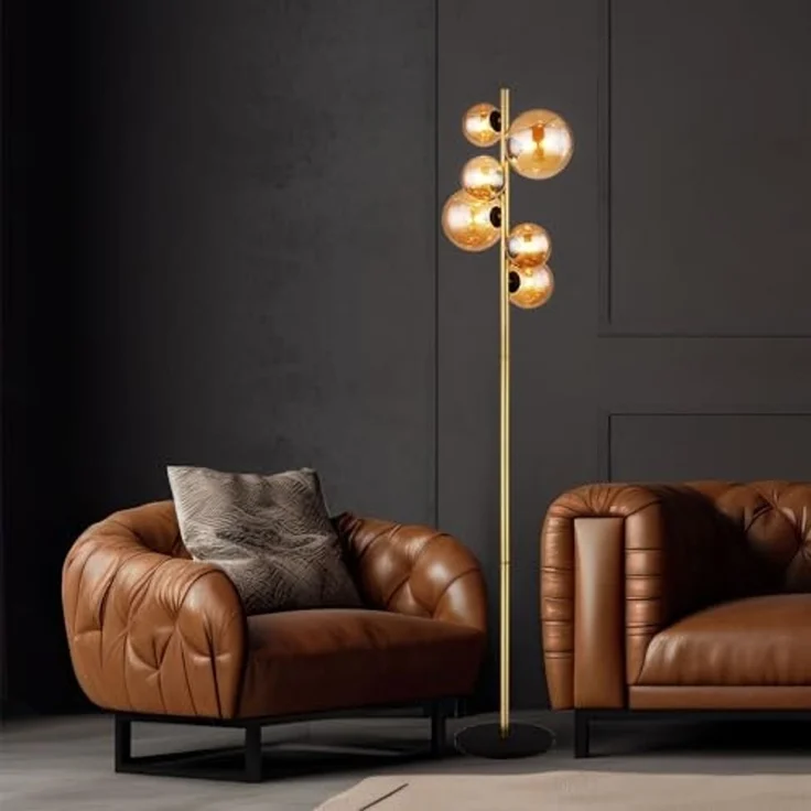 LED Stehleuchte, 6-Flammig, Glas Amber, messing, H 155 cm – Bild 4