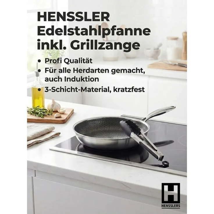 HENSSLERS Bratpfanne Premium, inklusive Grillzange, Edelstahl (Set, 2-tlg)