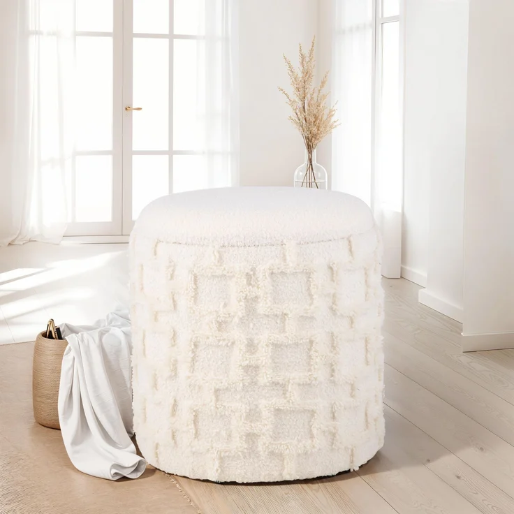 Sitzhocker mit Stauraum 45x40 cm Strukturstoff Creme Polsterhocker Wohnzimmer Schlafzimmer – Bild 2