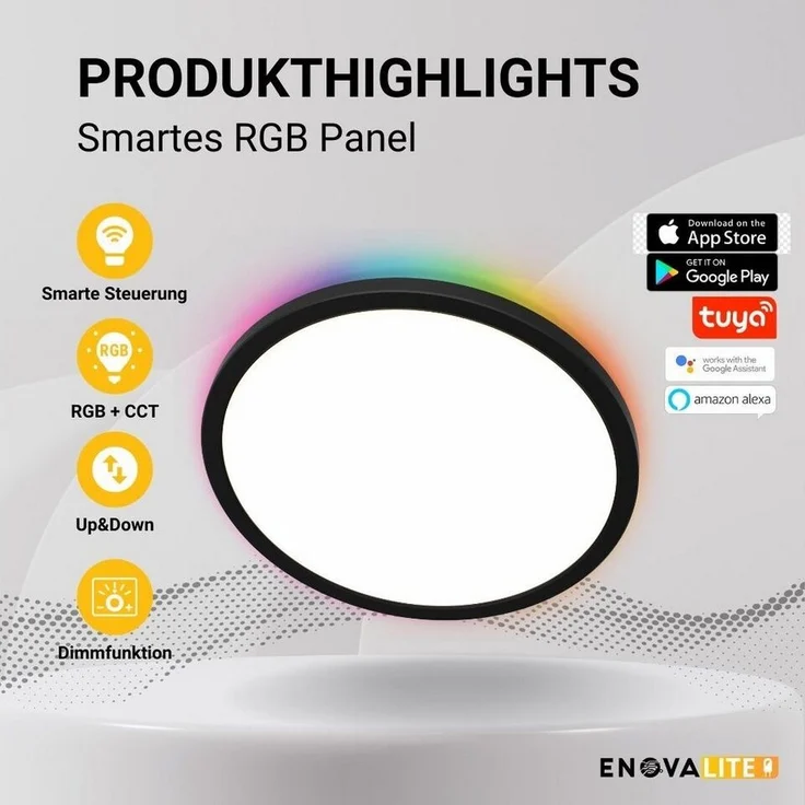 ENOVALITE LED Deckenleuchte Smartes RGB Panel Up&Down, 18W, 1880lm, ø290mm, Tuya App, CCT, dimmbar, LED fest integriert, warmweiß, CCT, neutralweiß, RGB, kaltweiß, Google Assistant, Amazon Alexa, Wifi – Bild 2