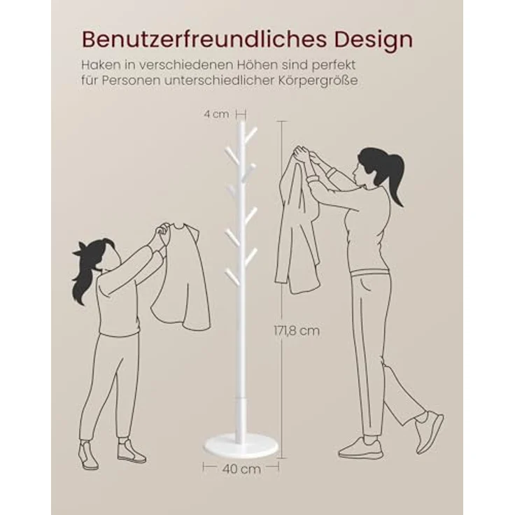 VASAGLE Garderobenständer, Kleiderständer Massivholz, Jackenständer Baumform, 8 Haken für Jacken, Hüte, für Flur, Haken und Haltestange aus Kautschukholz, wolkenweiß RCR009WH01 – Bild 5