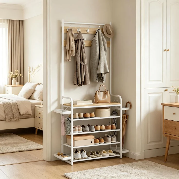 Garderobenständer 80/104x30x190 cm, mit 9 Doppelhaken, Schuhregal und Seitenschalen – Bild 1