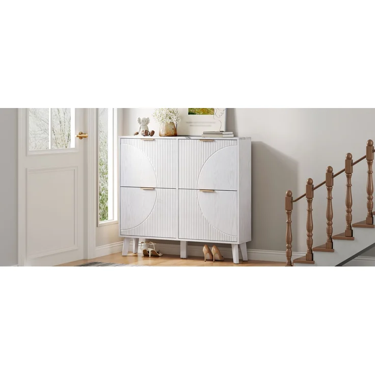 ZUBALIYA Schuhschrank (105 x 24 x 95,5 cm), 4 Klappfächer, Strukturierte Fronten, Stauraum für Flur und Eingangsbereich, Weiß – Bild 7