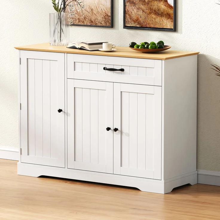 Modernes, elegantes Sideboard mit 3 Türen und einer Schublade, Buffetschrank für Esszimmer, Wohnzimmer und Diele (Weiß+Natur) – Bild 2