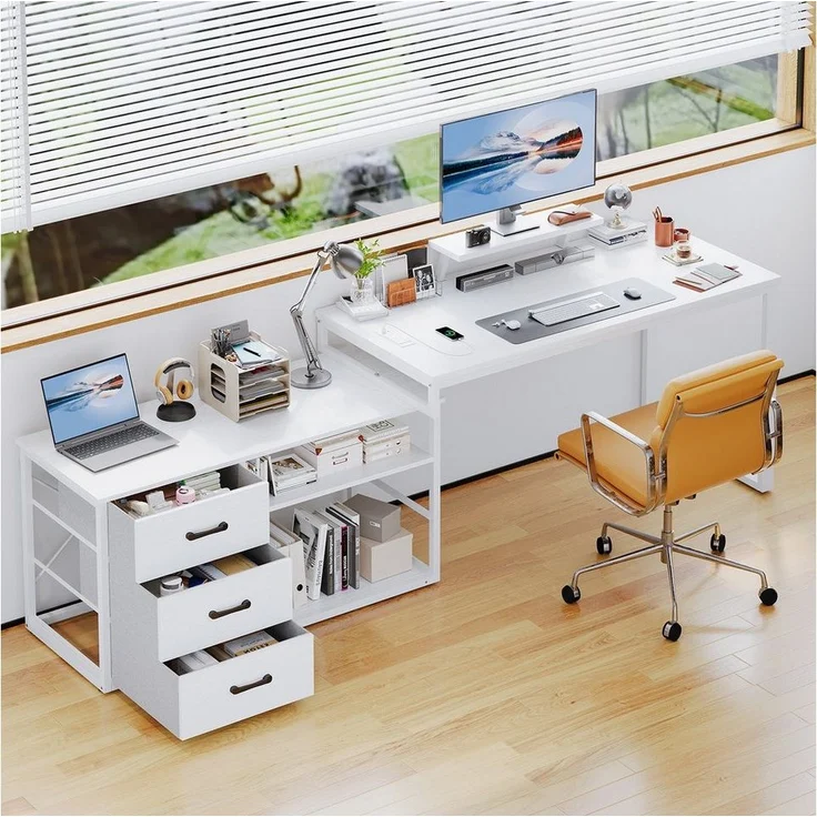 Furnicopia Eckschreibtisch 140cm mit Monitorarm, Computertisch mit drehbarer Tischplatte (Flexibel und schwenkbar, mit Steckdosen (2 Steckdosen + 2 USB-Anschlüsse), 3 großen Schubladen, 2 Ablageflächen) – Bild 2