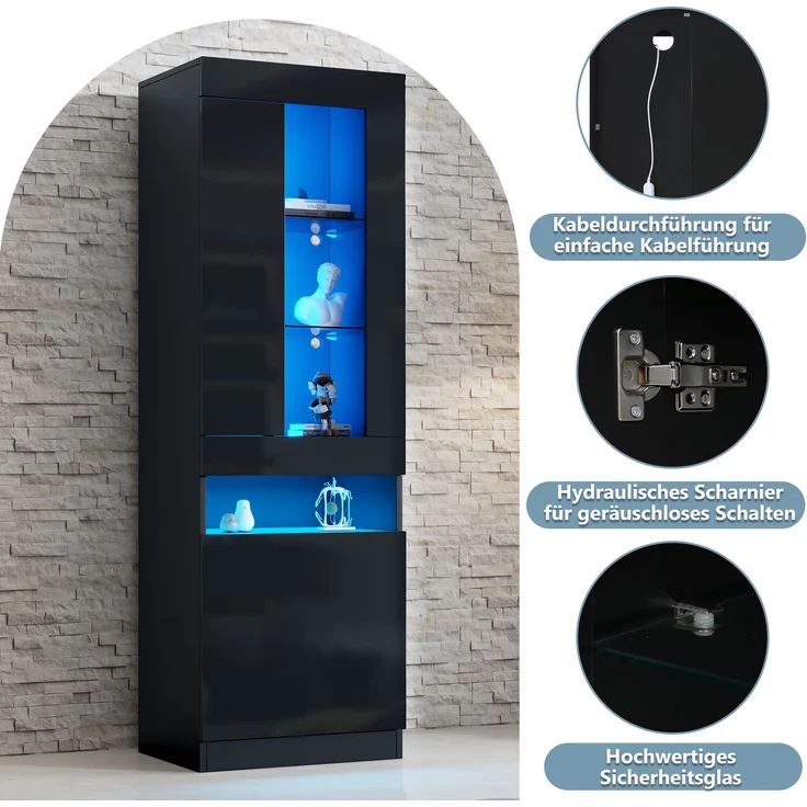 Vitrine mit LED Beleuchtung Vitrinenschrank Standvitrine Stauraumvitrine Schrank Wohnzimmerschran Schwarz LED Vitrine Wohnzimmer Wohnwände LED Vitrinenschränke LED Schränke Buffet-Schran--Schwarz--50x40x180cm--YOUDENOVA – Bild 10