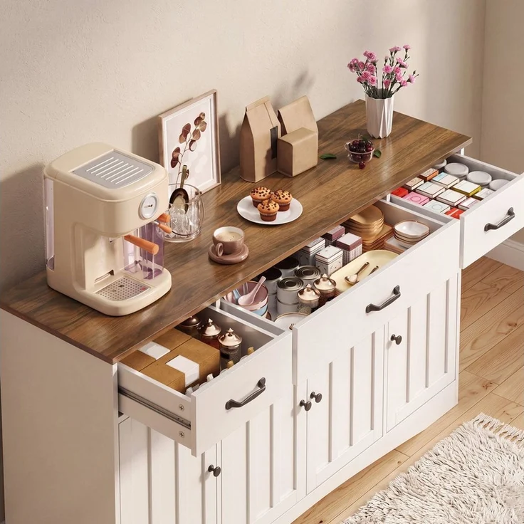 Blishom Buffet Sideboard Kommode Küchenschrank mit 4 Türen und 3 Schubladen Buffetschrank, Anrichte, verstellbare Böden, Landhaus-Design – Bild 4