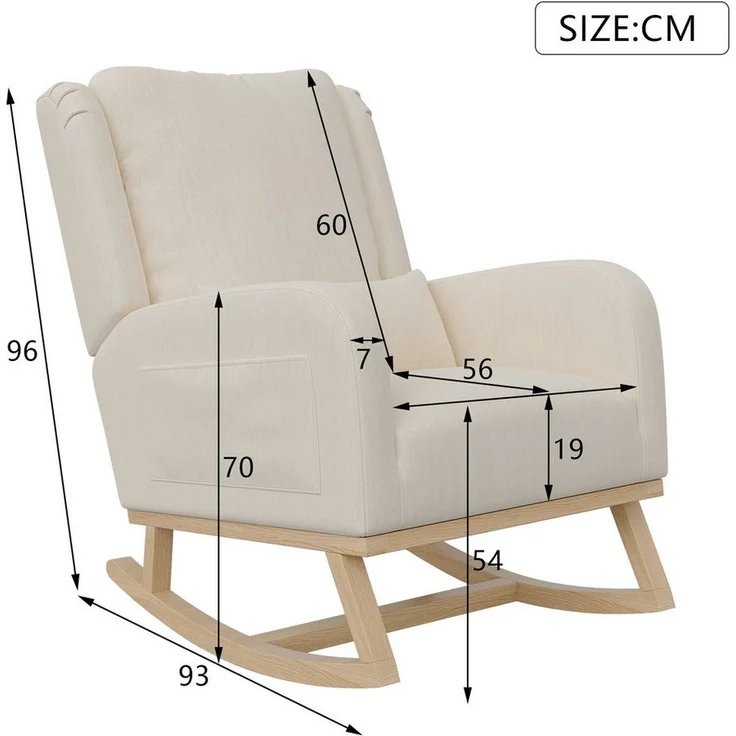 FUROKOY Schaukelstuhl Polster Relaxstuhl Leinen Schaukelsessel mit Holzsockel,2 Seitentaschen,1 Lendenkissen,Beige – Bild 3