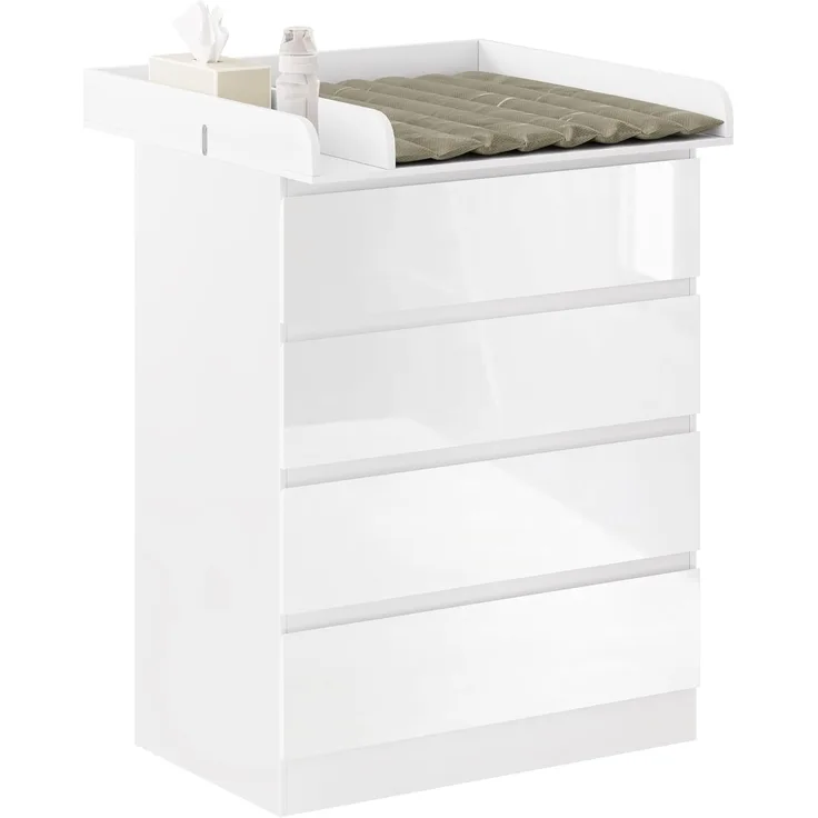 WOLTU Wickelkommode mit abnehmbarer Wickelauflage, Wickeltisch Baby, Wickelregal, Kommode mit 4 Schubladen, Höhe 110 cm, Weiß + Hochglanz Weiß