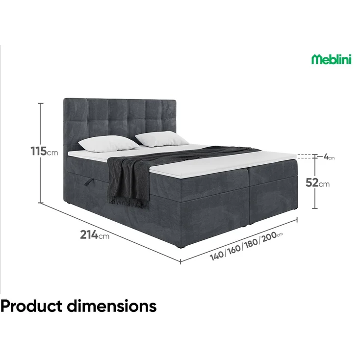MEBLINI Boxspringbett KAI 140x200cm - H3/Dunkelgrau Samt - mit Bettkasten - Gepolstert Doppelbett mit Matratze und Topper - Polsterbett mit Stauraum - Bett mit Kopfteil – Bild 7