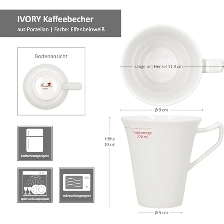 MamboCat Becher 6x Ivory Kaffeebecher 220ml Porzellan-Tassen 6 Personen Tee Kakao, Porzellan – Bild 6
