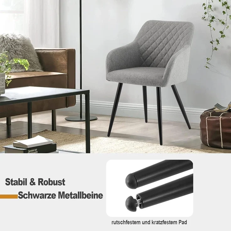 Esszimmerstühle 4er Set Leinen gepolstert mit Armlehnen Grau – Bild 8