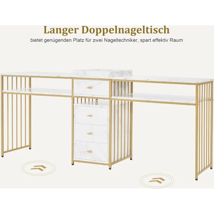 M MCombo Doppelnageltisch mit Schubladen, Schreibtisch mit Regal, Manikürtisch, Schminktisch ohne Spiegel Wohnzimmer Modern, Marmor-Weiß Gold, 2413 – Bild 4