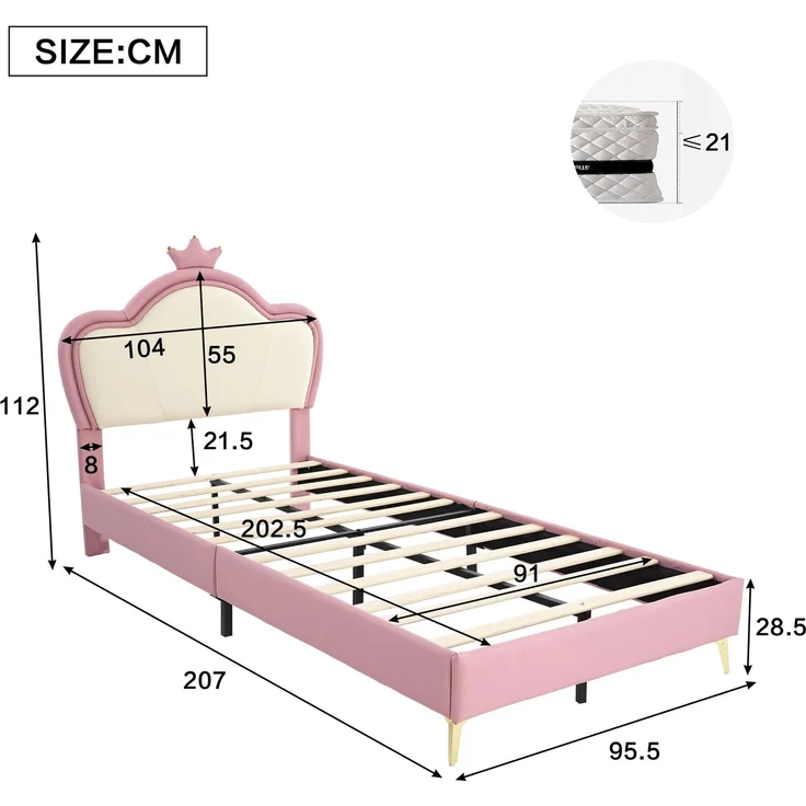 Polsterbett 207x95,5x112 mit Kunstleder-Bezug, Kopfteil mit Krone und weichen Schutzkanten, für Liegefläche 90x200, rosa – Bild 4