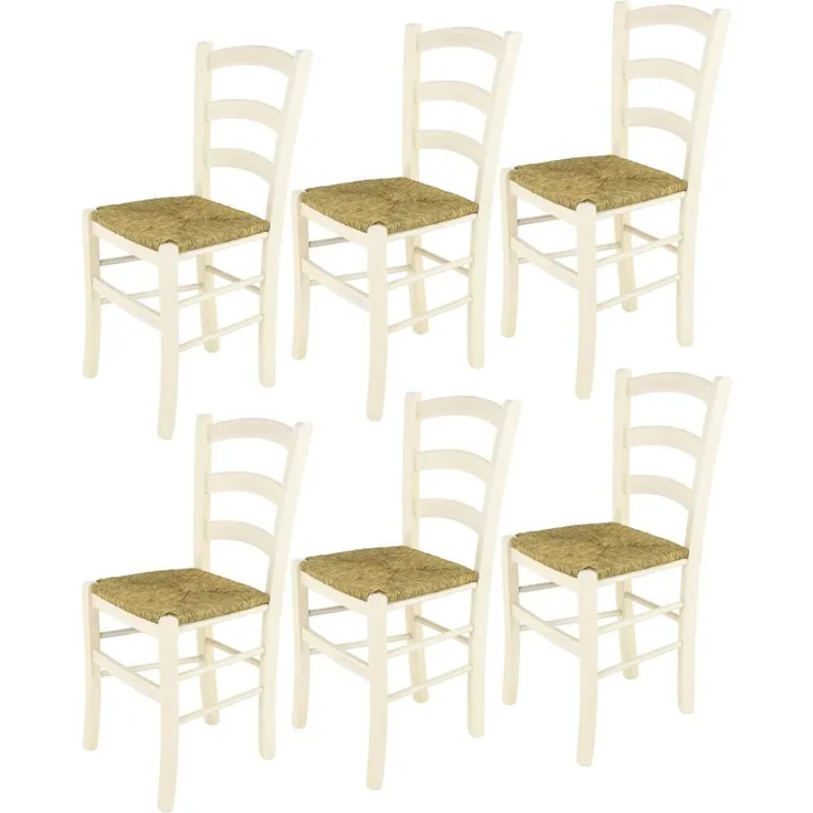 t m c s Tommychairs - 6er Set Stühle Venice für Küche und Esszimmer, robuste Struktur aus lackiertem Buchenholz in Anilinfarbe Weiss und Sitzfläche aus Stroh