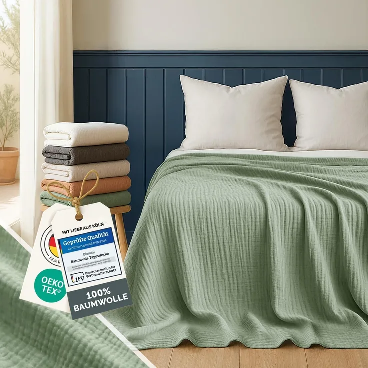 Blumtal Tagesdecke Tagesdecke Baumwolle - Musselin Decke Oeko-TEX zert. - Bettüberwurf, Couch Überwurf - leichte Kuscheldecke Baumwolle 100%