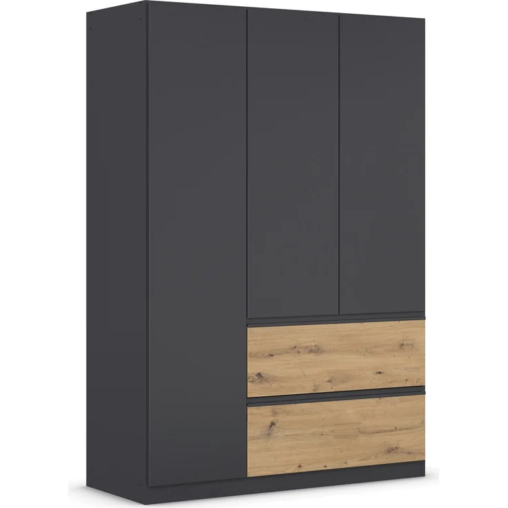 rauch Kleiderschrank, Drehtürenschrank COSTA, 3-türig, 2 Schubkästen, push-to-open, Grau metallic, 136 x 197 x 54 cm – Bild 3