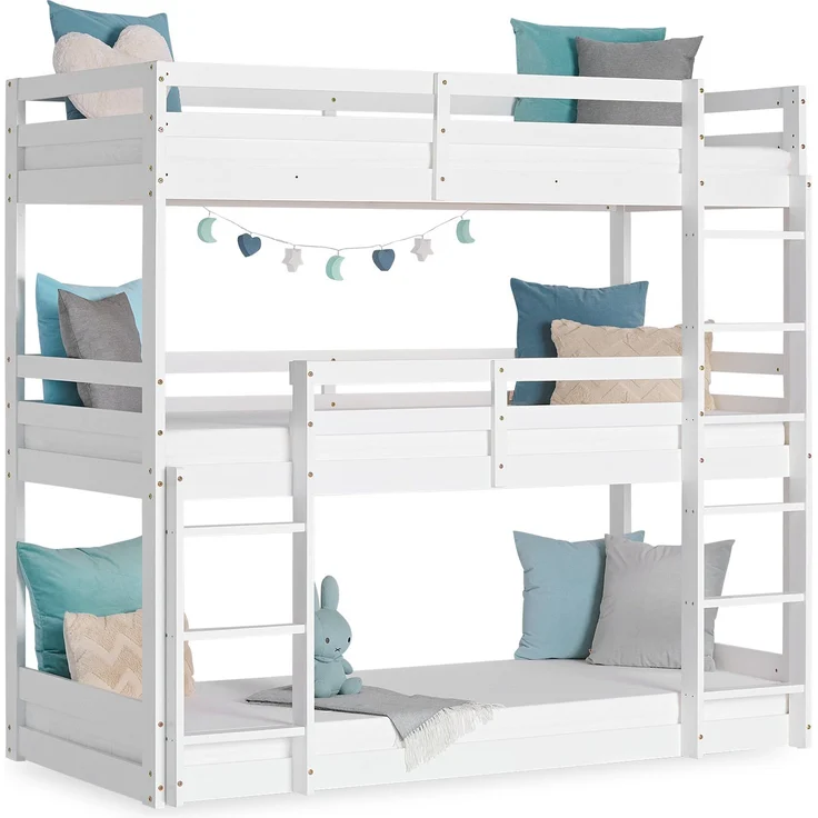 Homestyle4u Etagenbett mit 3 Liegeflächen, Kiefernholz weiß, 90x200 cm – Bild 1