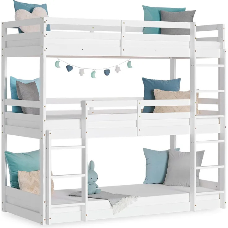 Homestyle4u Etagenbett mit 3 Liegeflächen, Kiefernholz weiß, 90x200 cm