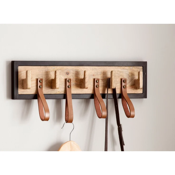 Wandgarderobe Mango Massivholz Echtleder 60x15x6cm Hakenleiste Metallrahmen – Bild 5