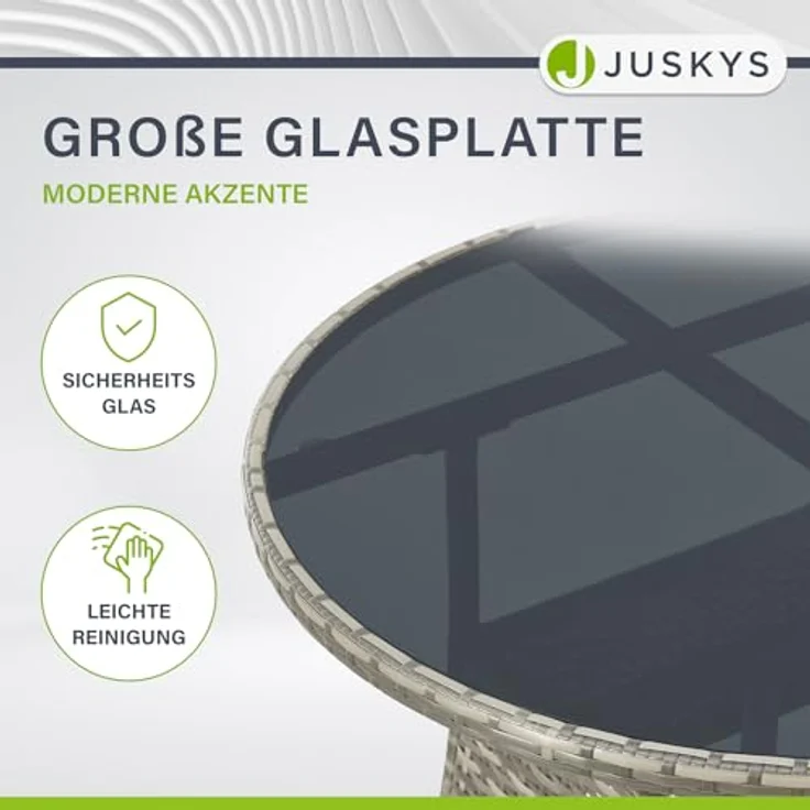 Juskys Polyrattan Gartentisch Yoro wetterfest - Balkontisch Ø 80 cm rund - Rattan Beistelltisch mit Glasplatte - kleiner Tisch für Balkon - Grau – Bild 9