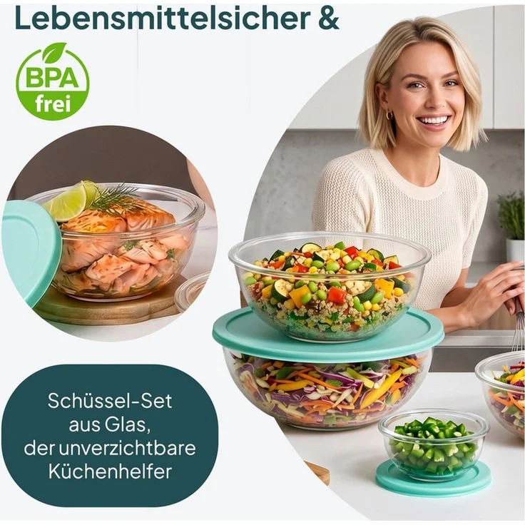 uandu home Vorratsdose 5er Glas-Salatschüssel Set mit Deckel – BPA-frei, (Stapelbar, Spülmaschinen- & Mikrowellenfest, 0.19l-3.3l, Salatschüsseln für Küche & Meal Prep, Borosilikatglas Rührschüssel Set) – Bild 3