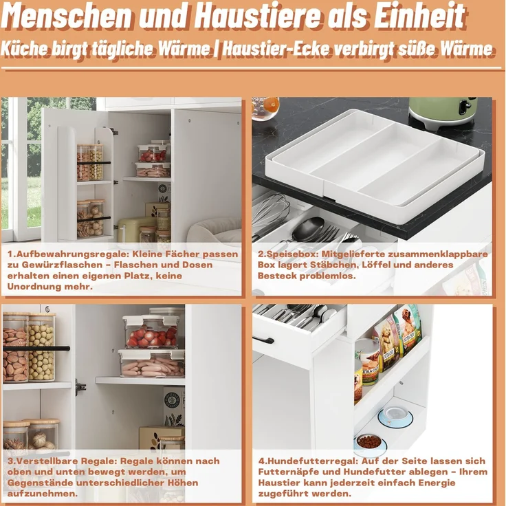 Küchenwagen 120 x 60 x 90 cm mit 3 Schubladen, Gewürzablage und Haustierbereich – weiß – Bild 8