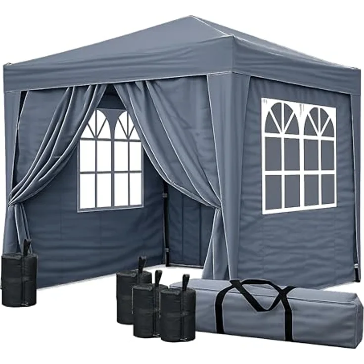 QUICK STAR Faltpavillon 2,5 x 2,5 m Smoky Grau, inklusive 4 Easy-Klett Seitenwände (2 Reißverschlüsse, 2 Fenster), mit 4 Fußgewichten und Tragetasche