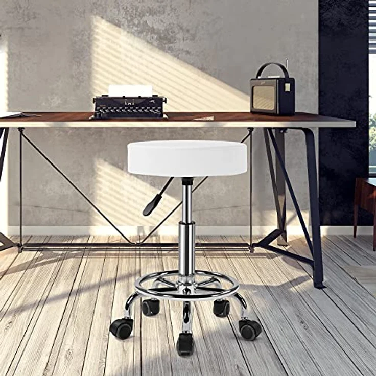 Yaheetech Rollhocker Höhenverstellbar 50,5–65 cm Sitzhöhe Drehhocker 360° Drehbar Bürohocker bis 120 kg Arbeitshocker mit Rollen Hocker Weiß – Bild 4